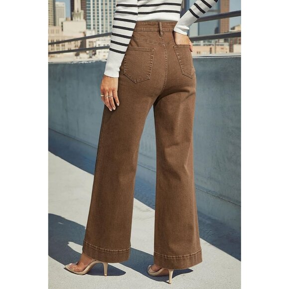 Women Casual High Waisted Wide Leg Denim Jeans Stretchy Loose Pant with Pockets - Picture 5 of 5